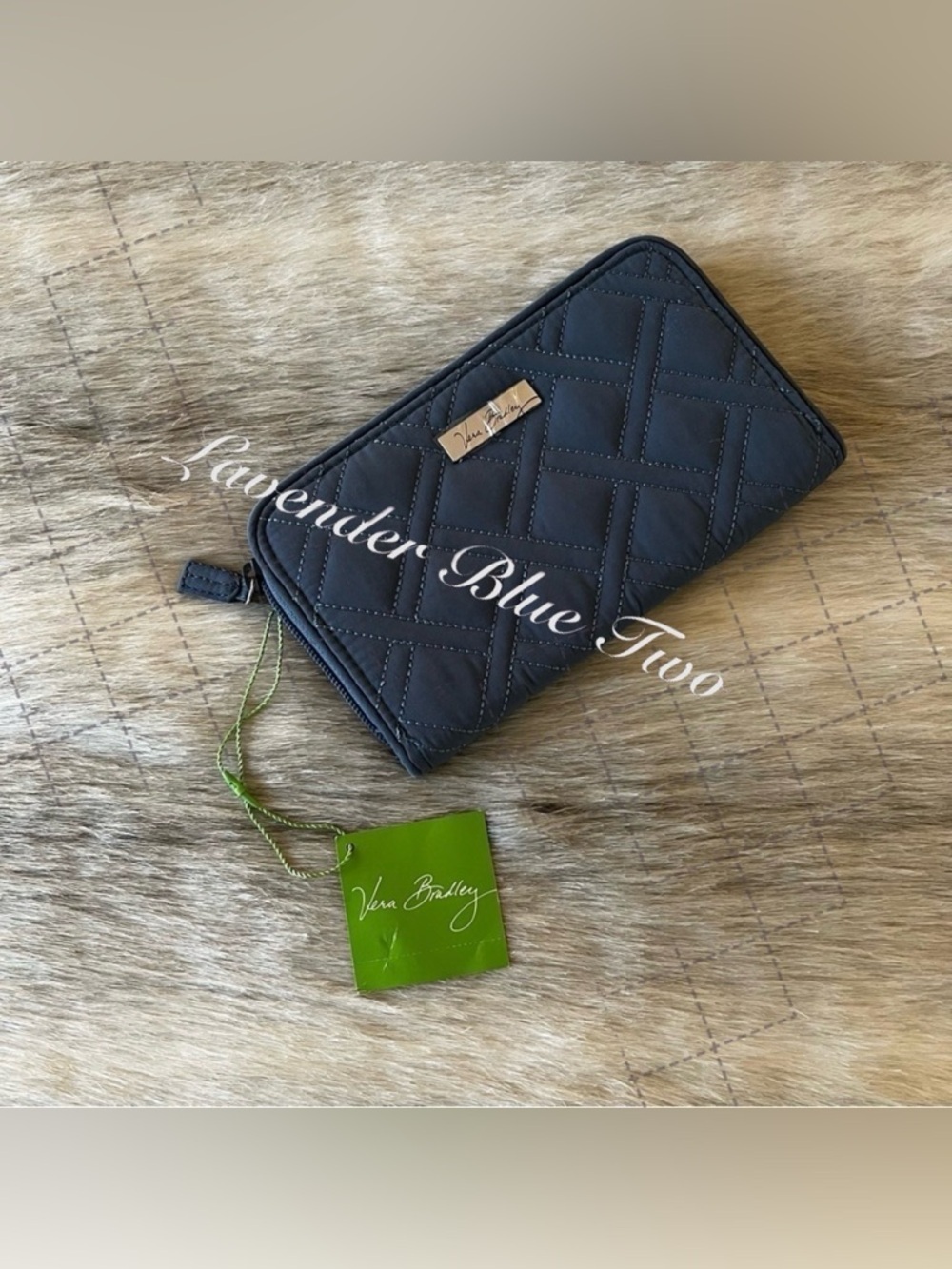 New VERA BRADLEY Charcoal Light Gray Zip Around Accordion Long Wallet Microfiber
